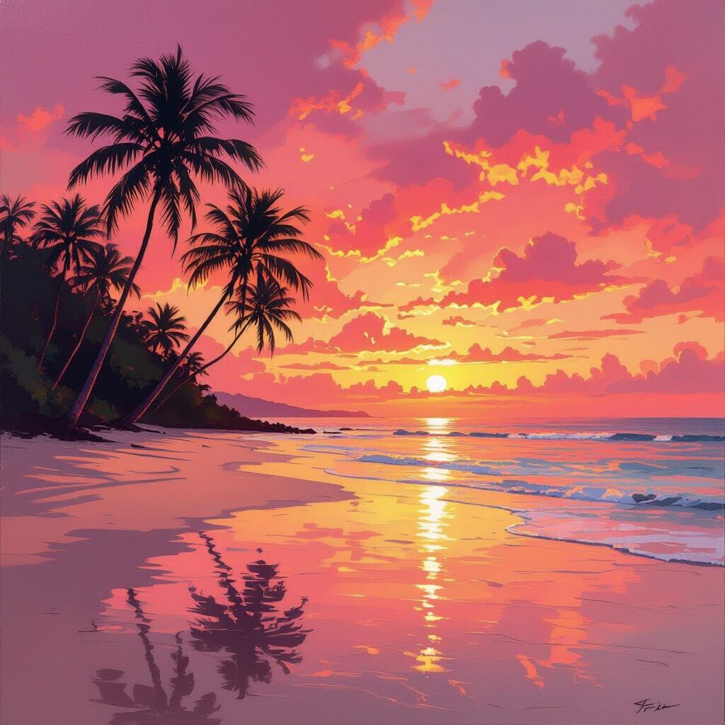 Vibrant Pink Sunset Over Tropical Beach with Palm Trees