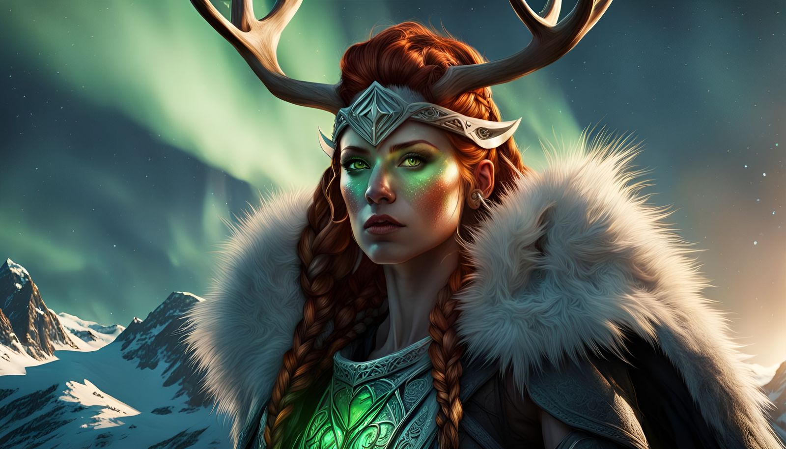 Redhead with Antlers and Northern Lights, Hyperrealistic Art