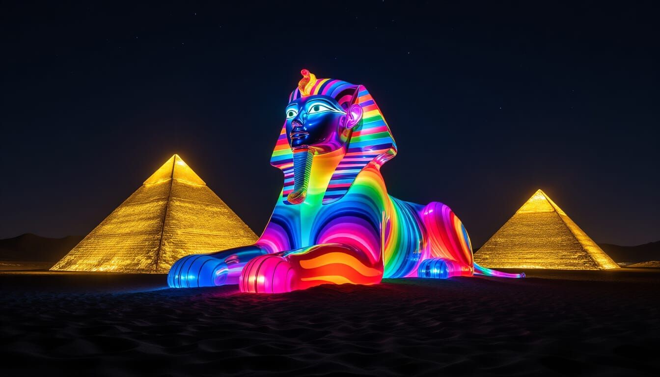 Rainbow Glass Sphinx Among Golden Pyramids