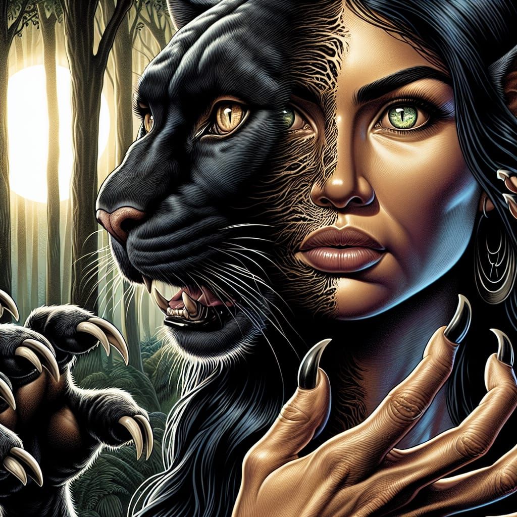 Hispanic Woman's Werepanther Transformation Under Moonlight