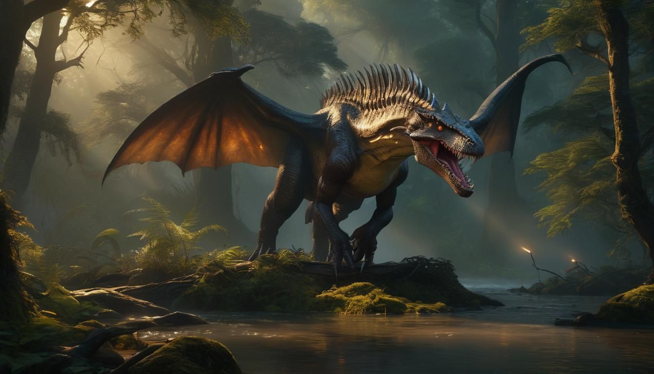 Winged Snake-Dinosaur Roars in Ancient Forest