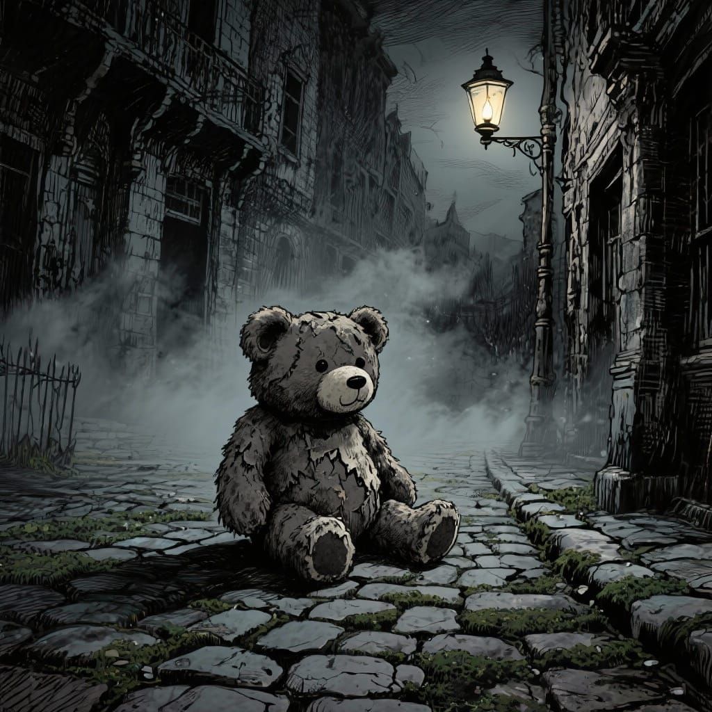 Tattered Teddy Bear on Foggy Victorian Street