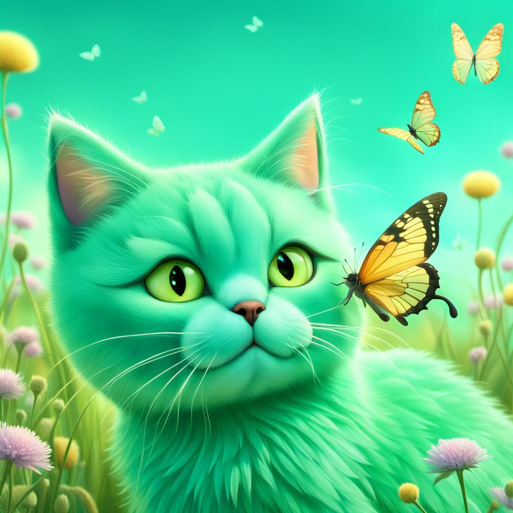 Sea Green Cat and Butterfly in Pixar Style
