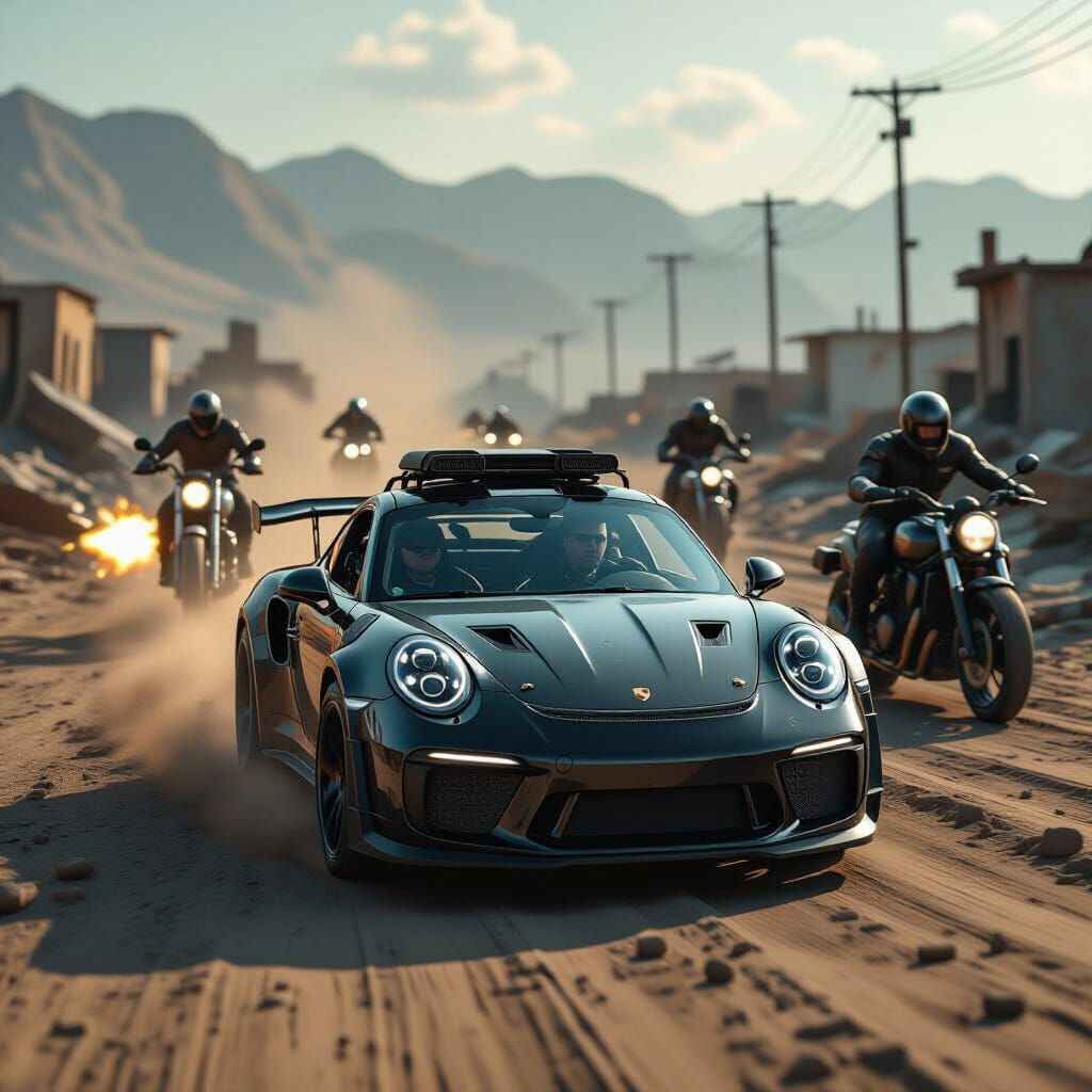 Black Porsche Pursued in Post-Apocalyptic Wasteland