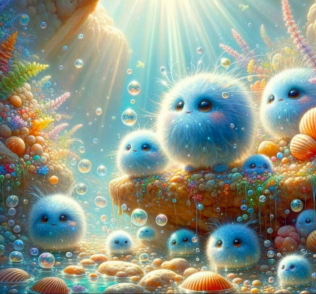 Whimsical Watercolour: Blue Fantasy Beings in Rock Pool