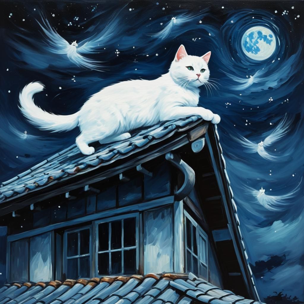 White Cat on Japanese Roof: Impressionist Oil Painting