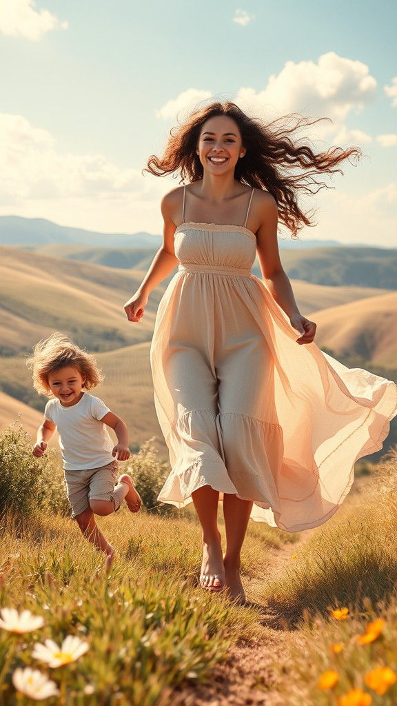 Chasing Joy: A Mother's Love in Impressionist Style