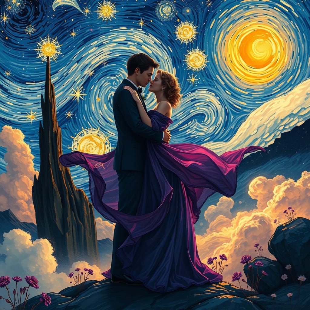 Whimsical Starry Night Romance in Art Nouveau Style