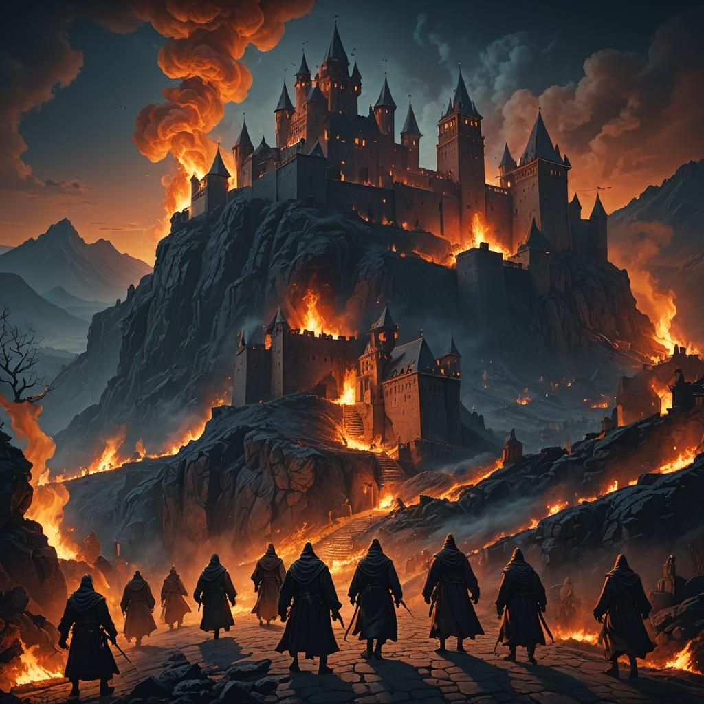 Ghouls Flee Burning Castle: Dark Fantasy Art