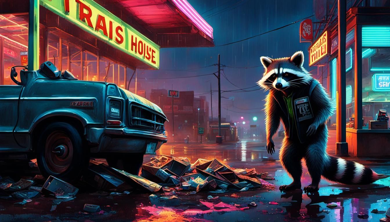 Raccoon's Neon Night: Dystopian Waffle House
