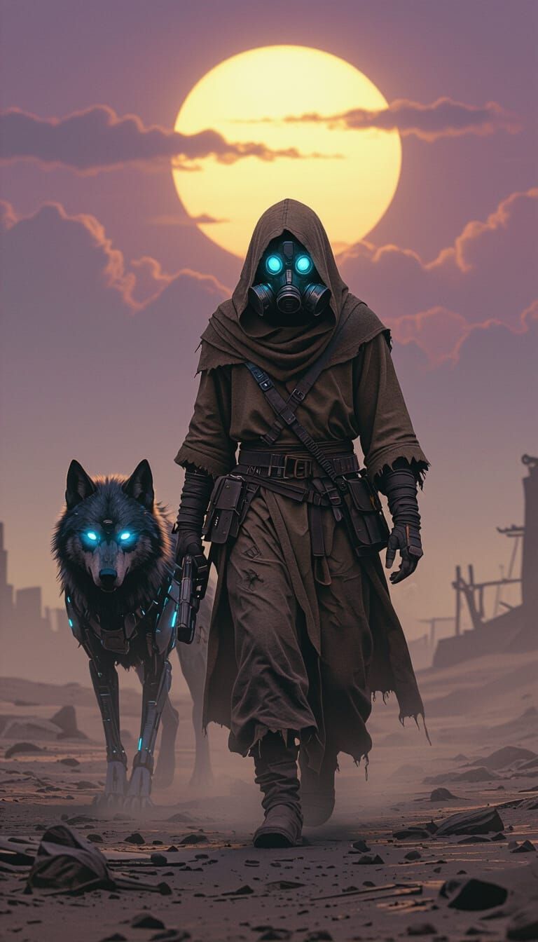 Wasteland Wanderer and Cybernetic Wolf in Dark Fantasy Style