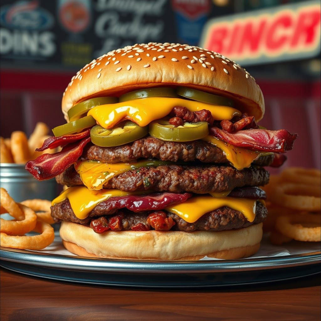 Triple Decker Cheeseburger with Chili and Onion Rings