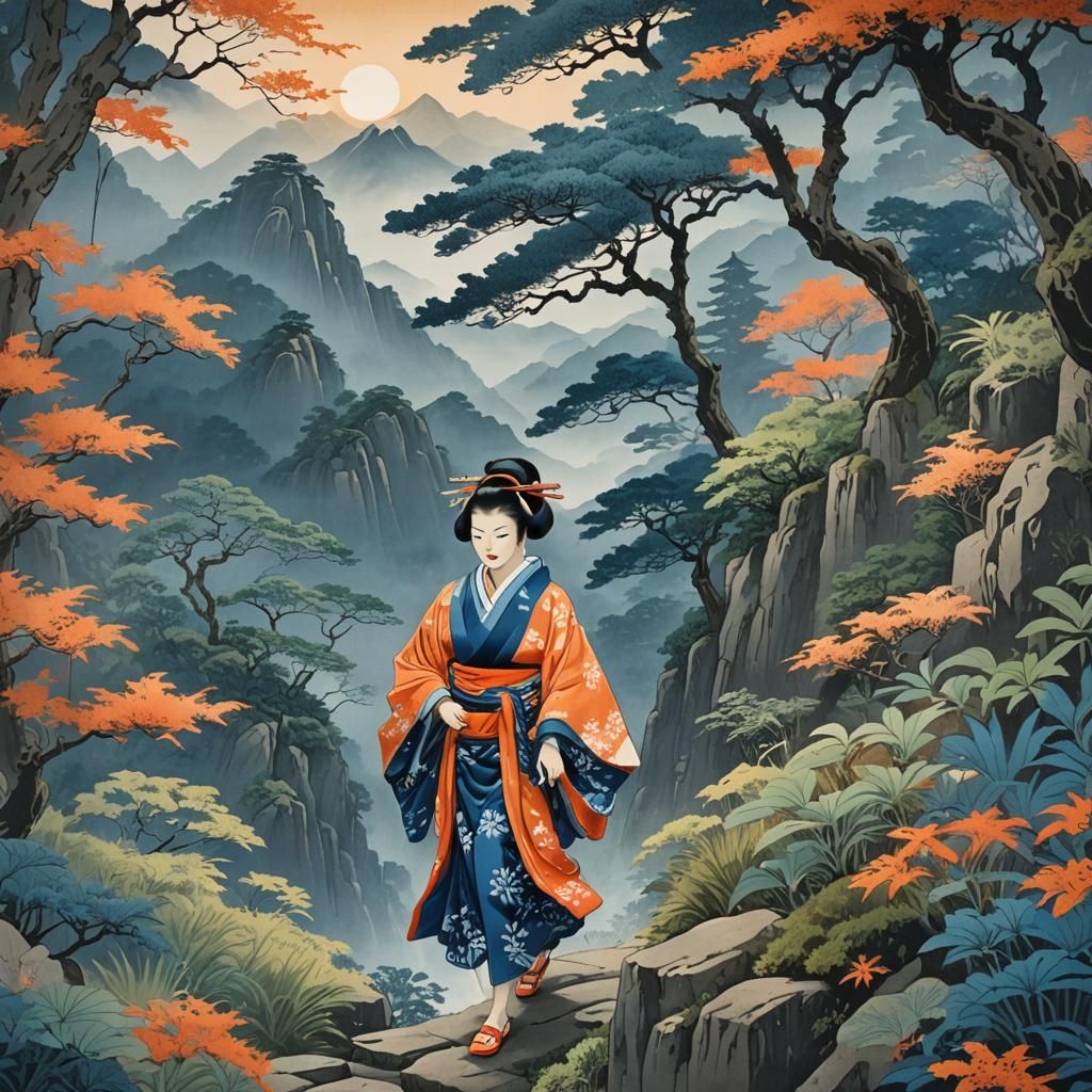 Ukiyo-e Woodblock Print: Woman on Mountain Trail