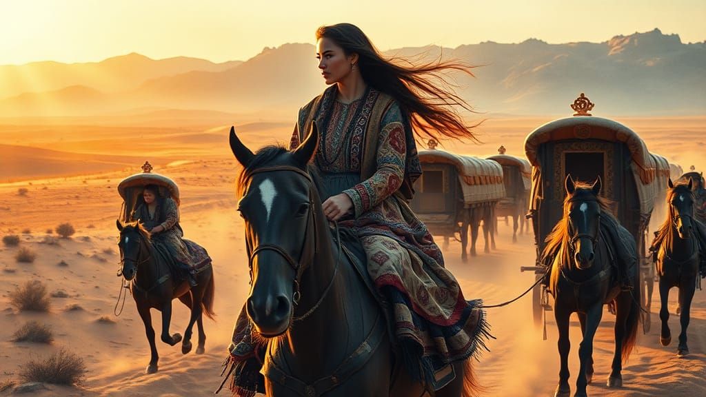 Gypsy Caravan Rides into Desert Golden Hour