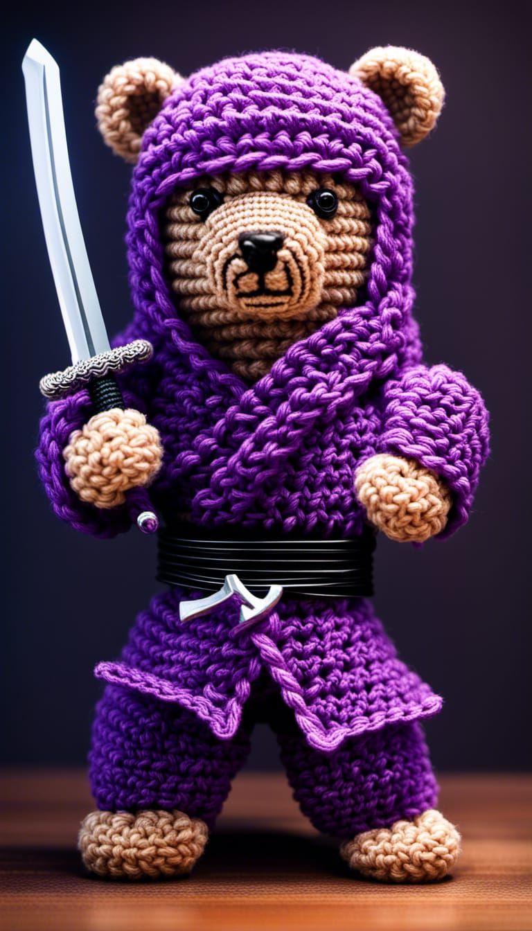 Hyperrealistic Crocheted Teddy Bear Ninja with Sword