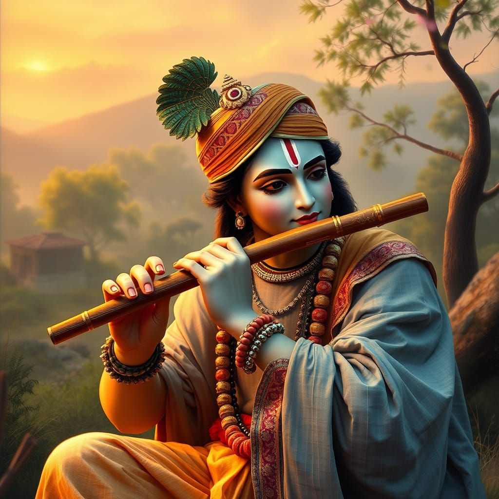 Krishna Playing Flute in Vrindavan as Oil Painting