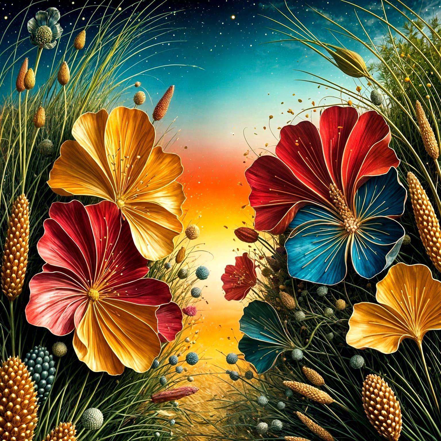 Surreal Fantasy Garden Scene in Mixed Media Relief Painting