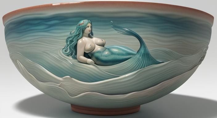 Glazed Pottery Bowl with Sculpted Mermaids