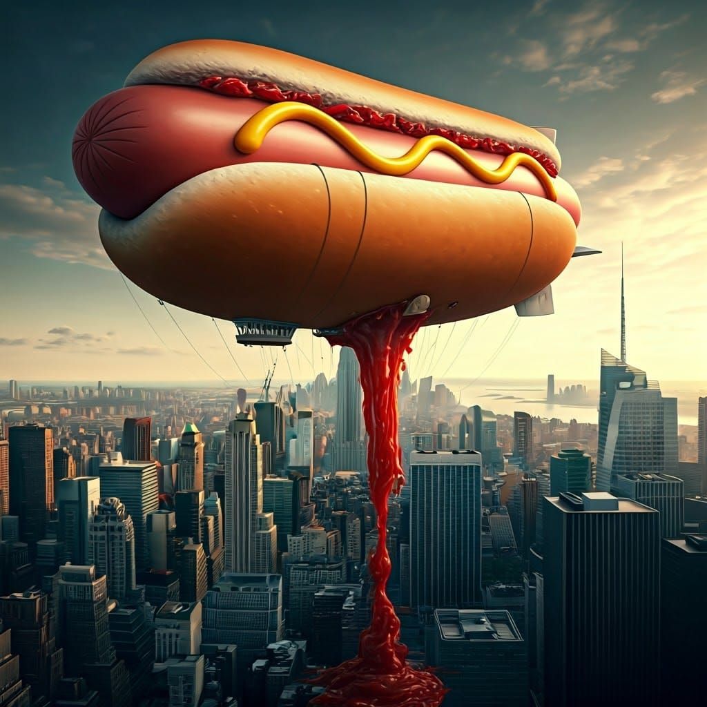 Hyperrealistic Hot Dog Blimp Soaring Over Manhattan