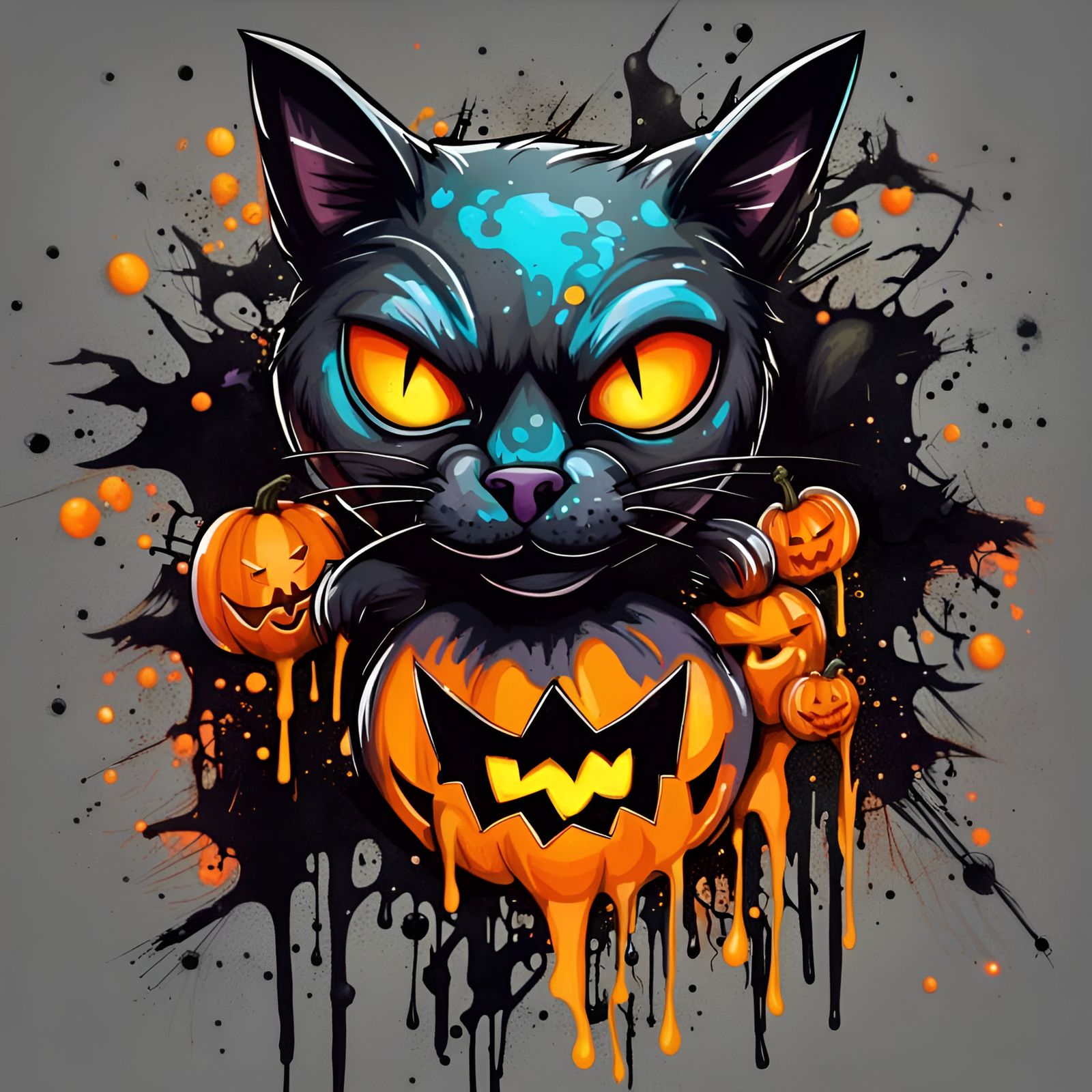 Halloween T-Shirt Logo with Cat and Bat in Graffiti Style