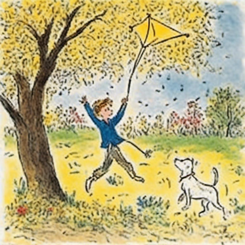 Little Prince and Dog Playing with Kite