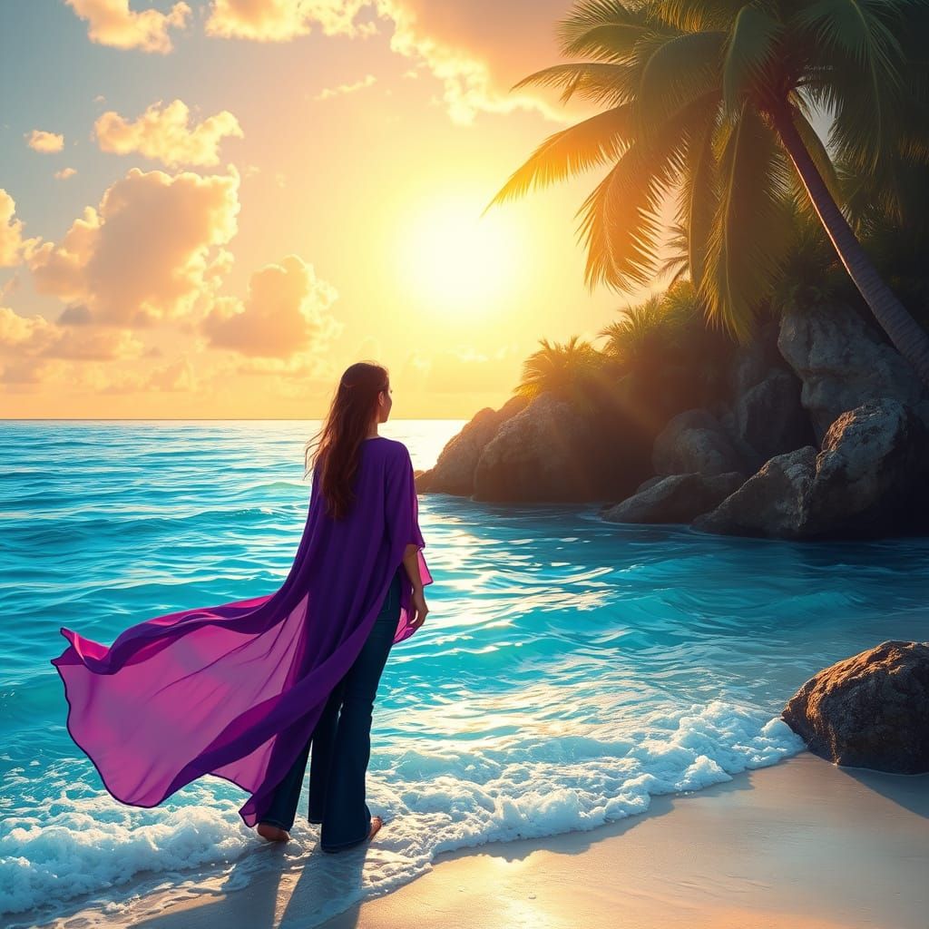 Tropical Beach Sunset in Bierstadt Style