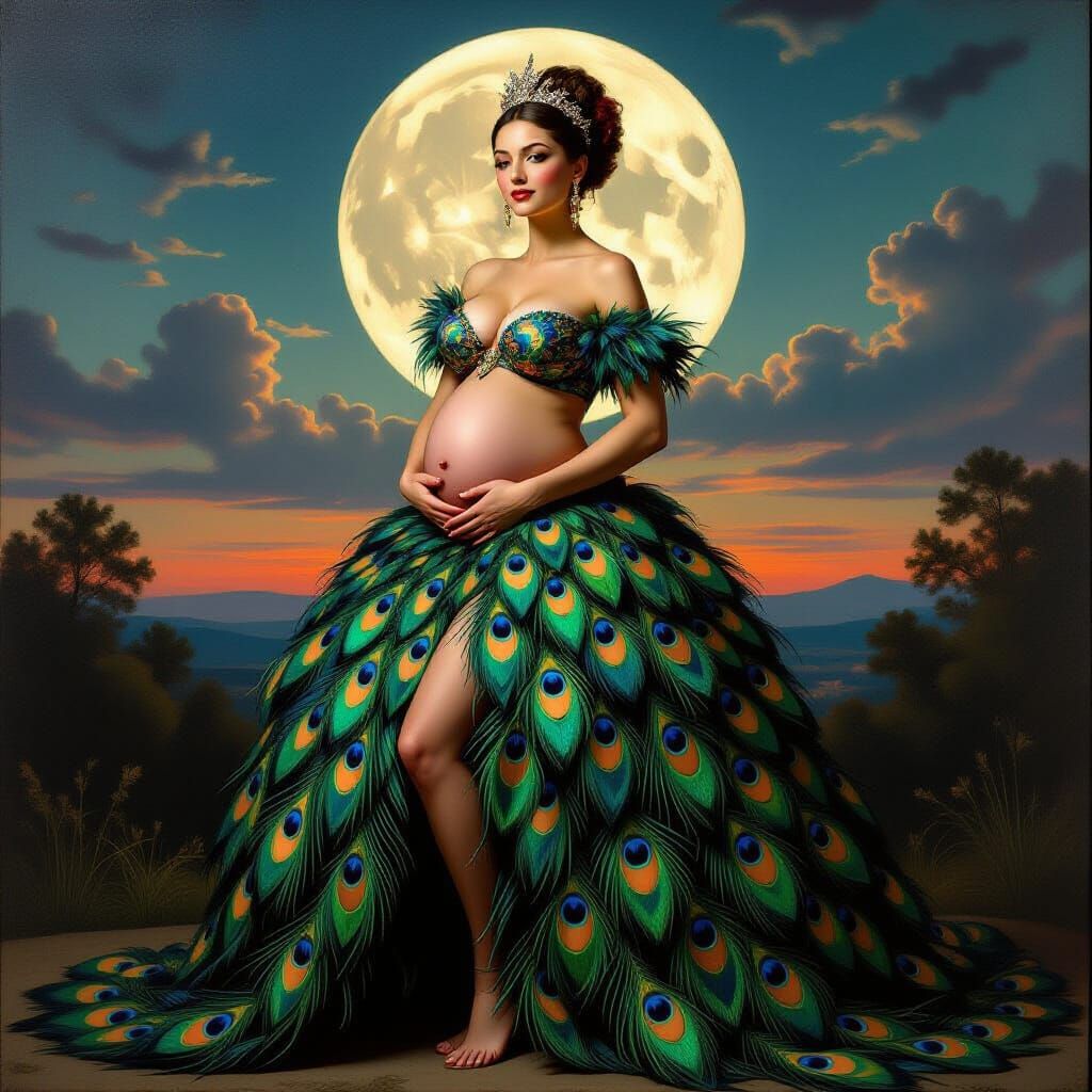 Regal Pregnant Woman in Peacock Feathers