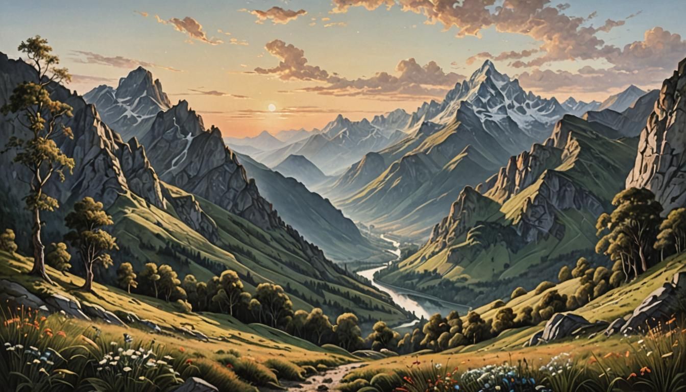 Dawn Mountain Landscape: Romantic Oil Painting