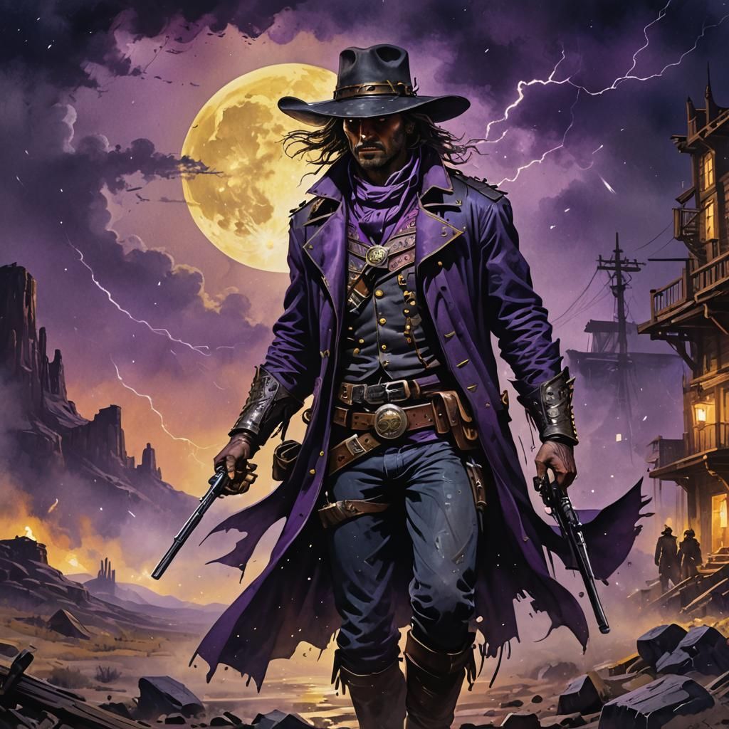 Moody Gunslinger in Wild West Night, Watercolor