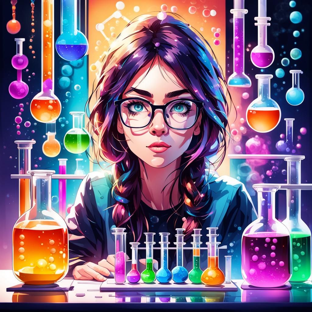 Concentrating Chemist with Bubbling Beakers