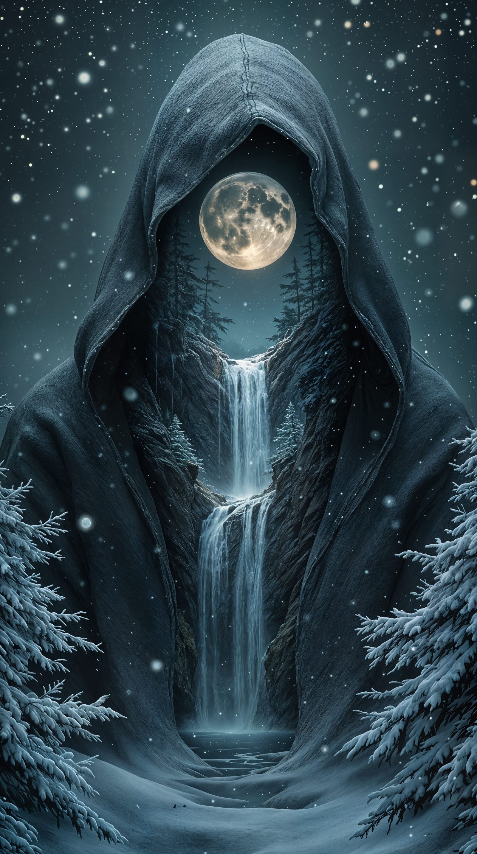 Surreal Winter Figure Surrounded by Gentle Snowfall and Wate...