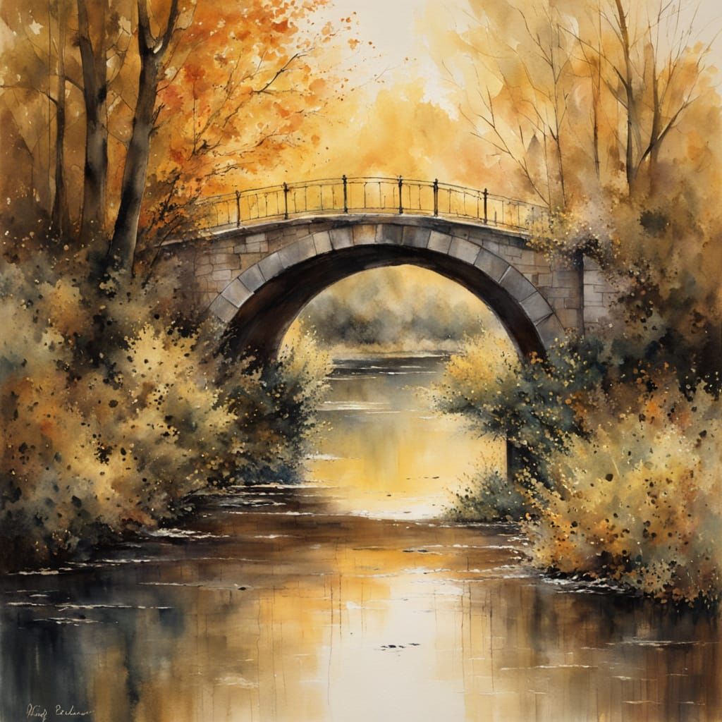 Autumn River: Stone Bridge in Watercolor Style