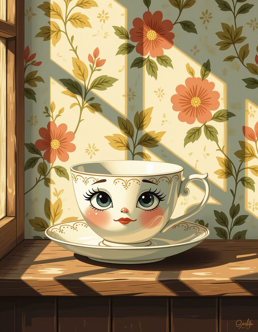 Cracked Teacup with Expressive Eyes in Sunroom