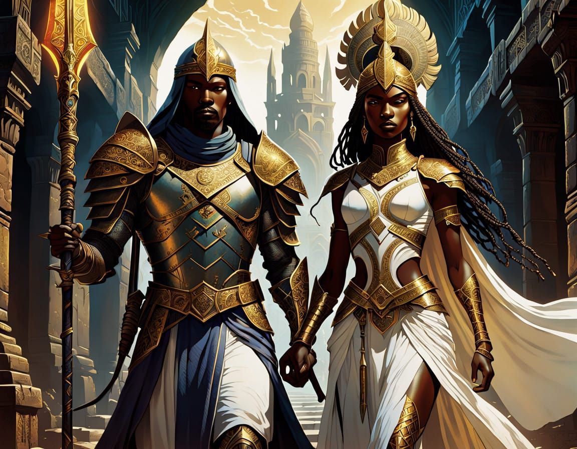 Heroic Warrior and Enigmatic Sorceress at Ancient Dungeon En...