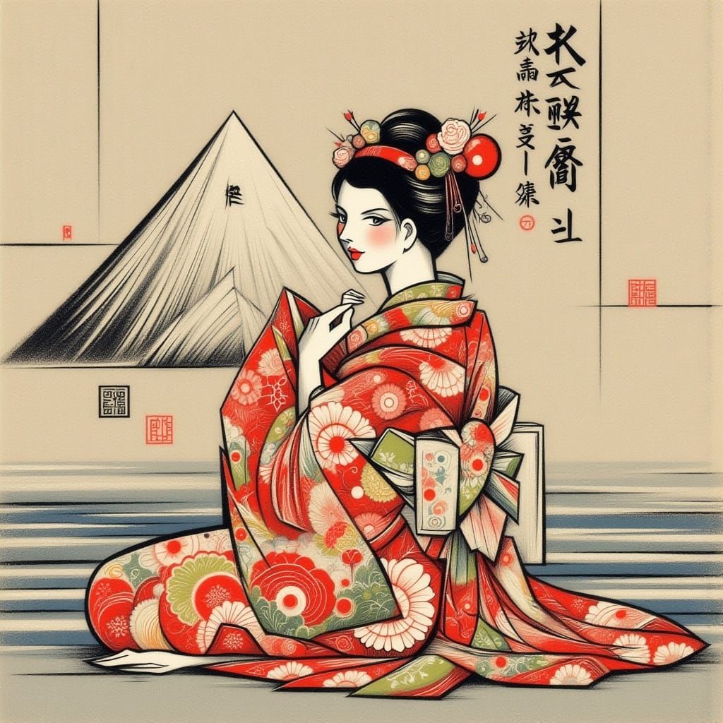 Japanese Woman in Yukata with Embroidery