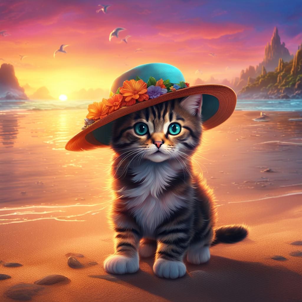 Beach Sunset with Kitten in Hat: Fantasy Art