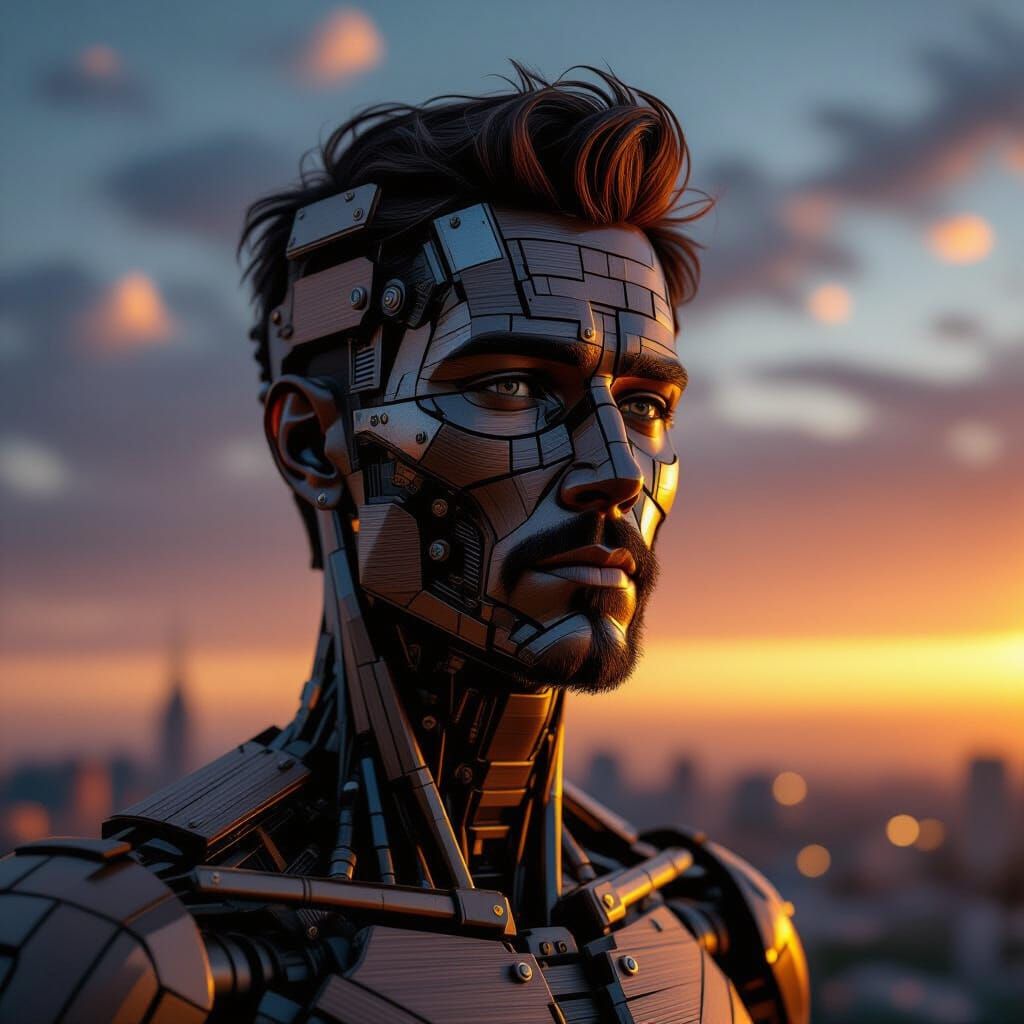 Surreal Portrait of a Man Made of Wood and Gadgets