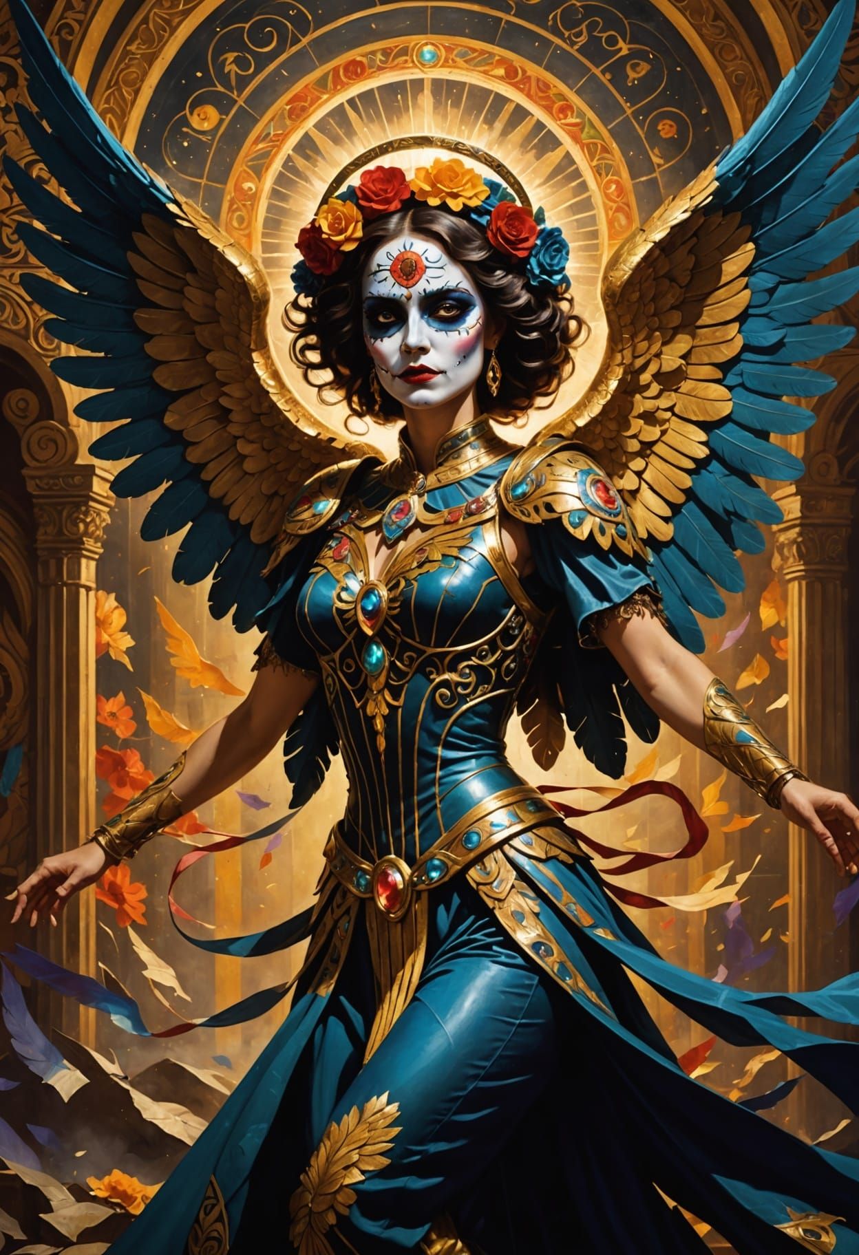 Majestic Angel Falling with Shattered Halo in Art Deco Style