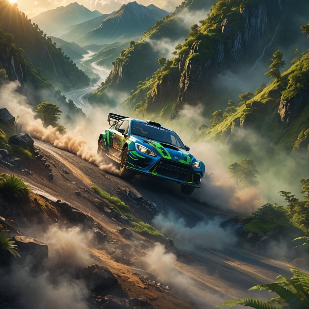 Rally Car Drifting Through Misty Mountain Pass