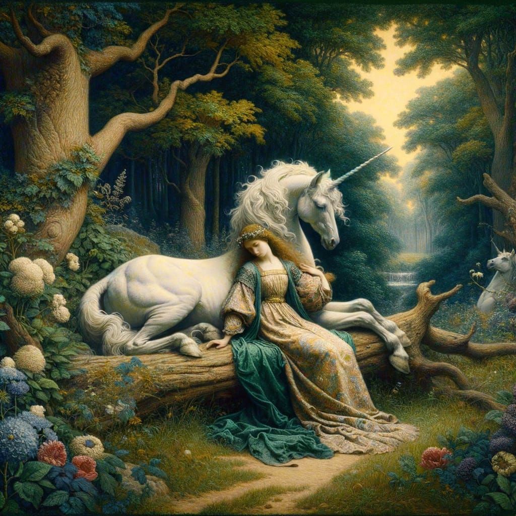 Medieval Maiden and Unicorn in Enchanted Forest