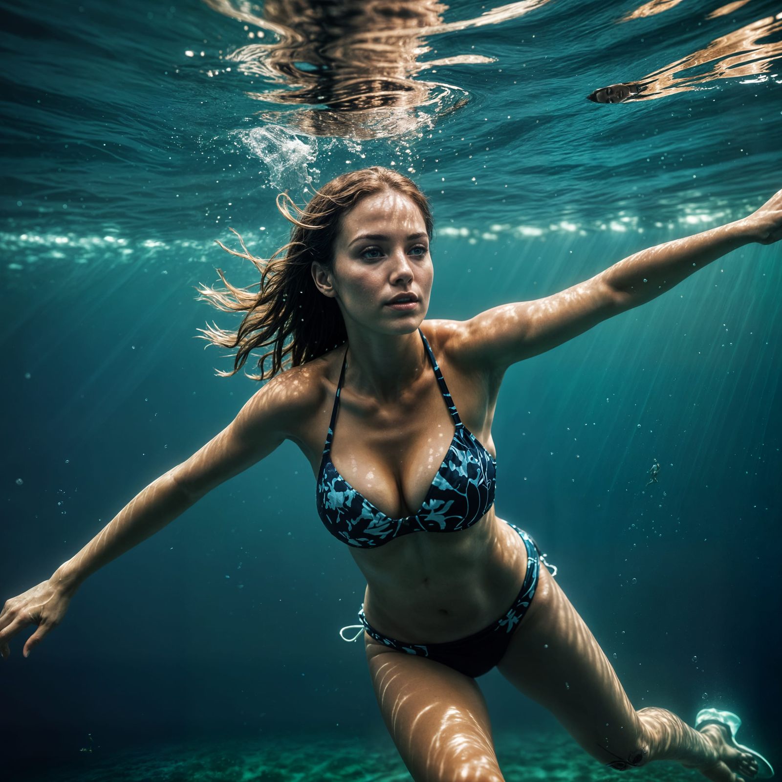 Bikini Woman Swimming Underwater in Hyperrealistic Style