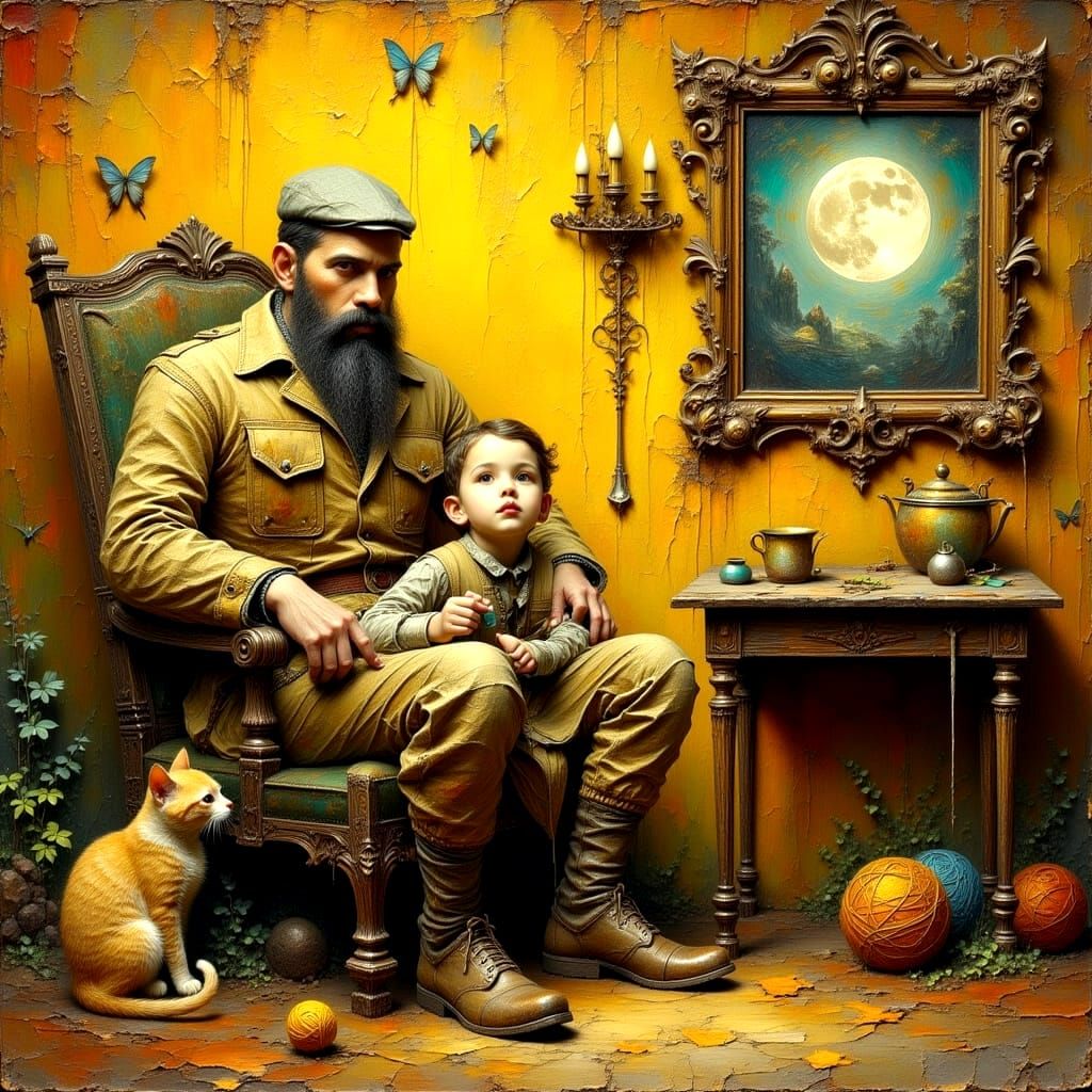 Nostalgic Scene of Father and Son in Impasto Oil Painting