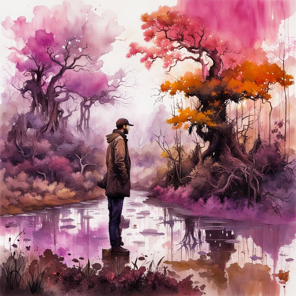 Autumn Swamp Bush Double Exposure in Watercolor