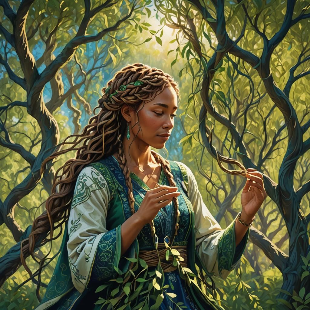 Whimsical Fantasy Scene Under Warm Willow Trees