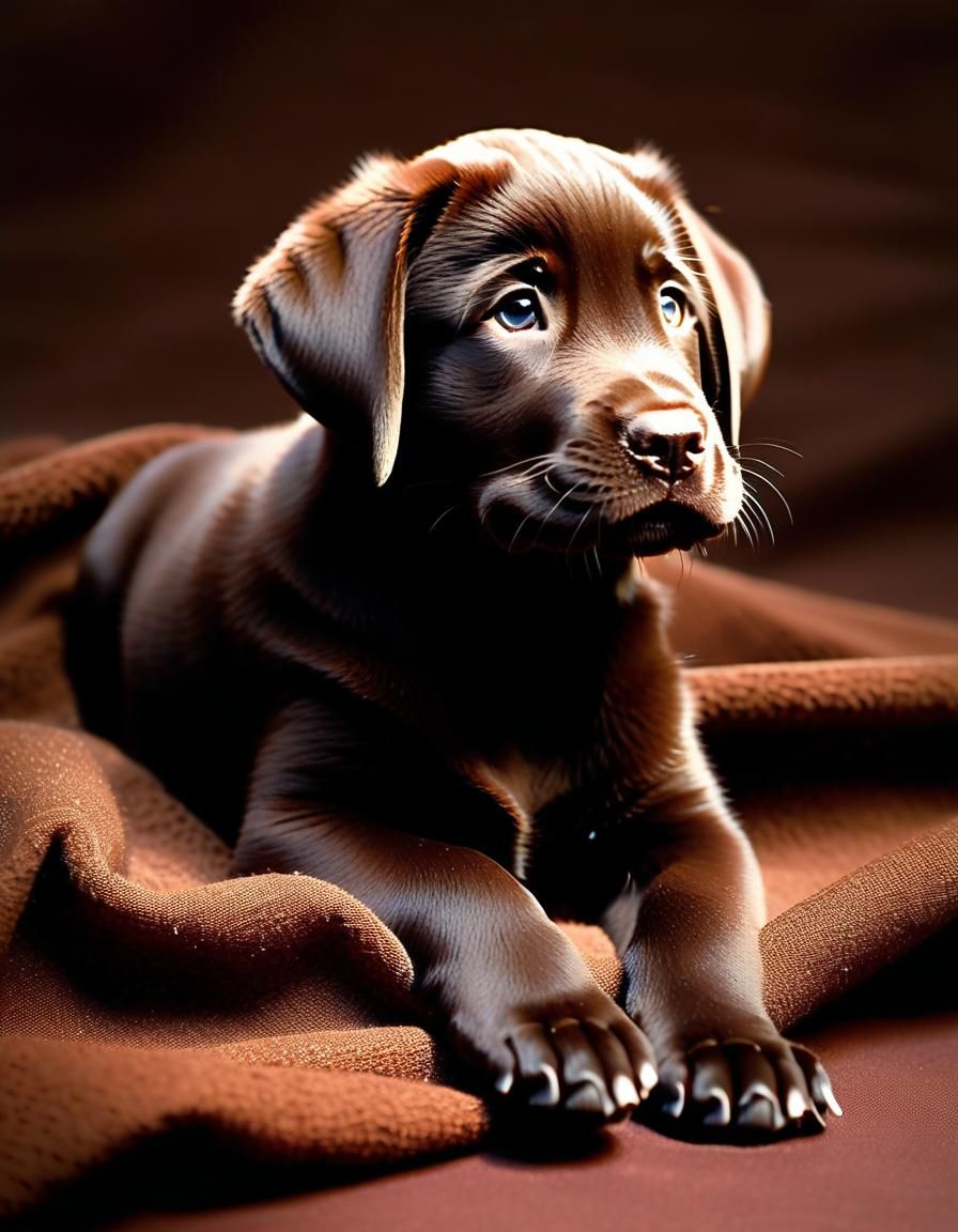 Chocolate Lab Puppy on Brown Blanket