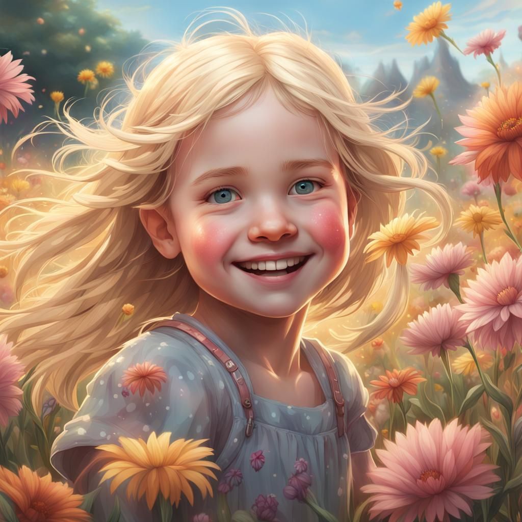 Blond Girl in Flower Field: Hyperdetailed Portrait