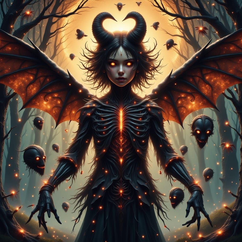 Mischievous Character Amidst Fiery and Fairy Lights