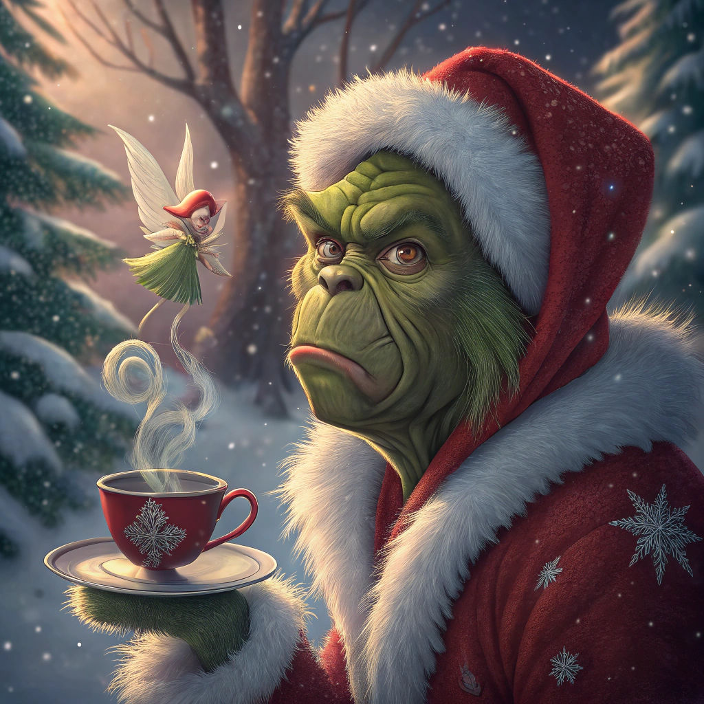 supercute realistic Grinch in a santa suit,magical world, A tiny fairy with giant extended shimmering neon red,green lac...