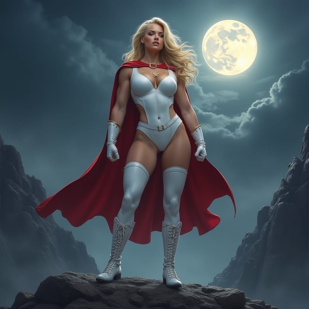 Powergirl Heroic Pose on Windy Mountaintop