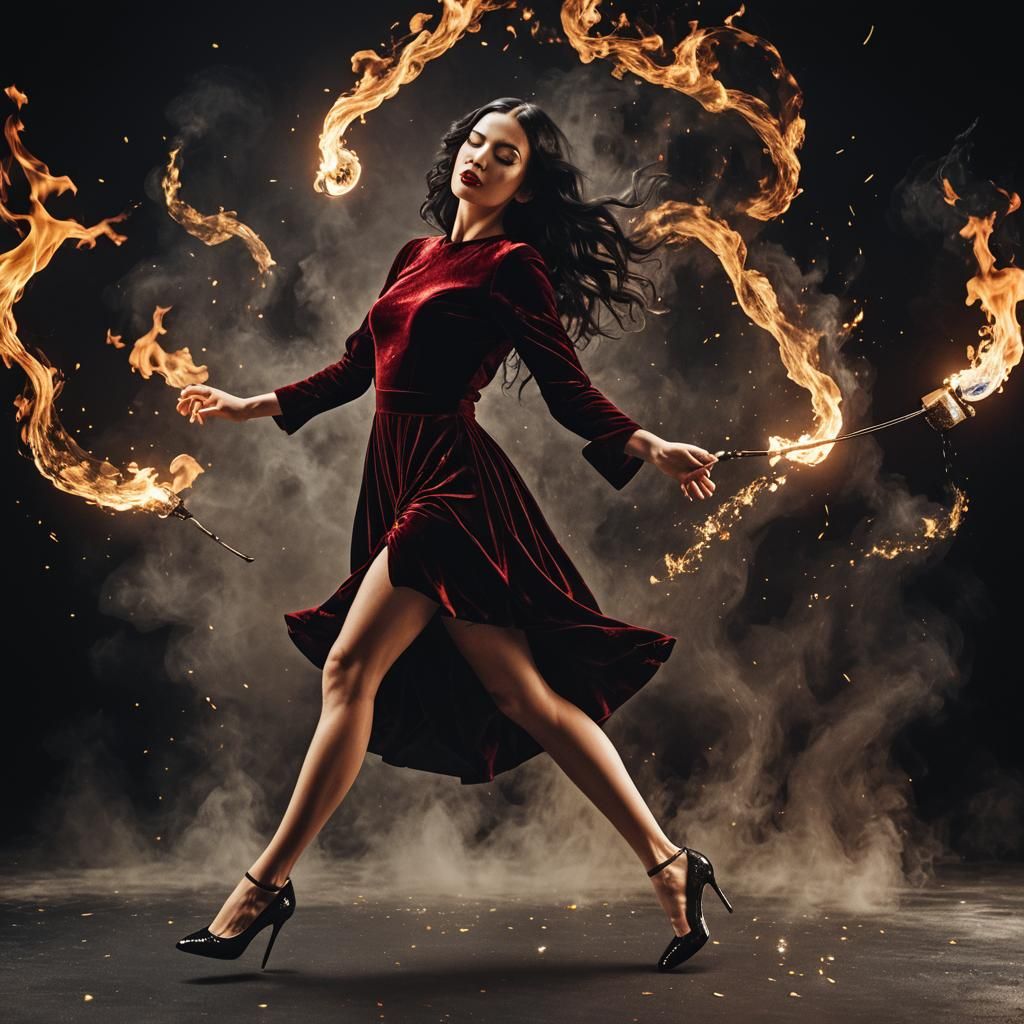 Girl Dances with Fire Magic in Surreal Style